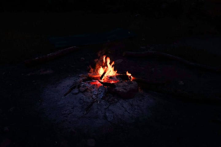 campfire in a dark wooded setting, close up