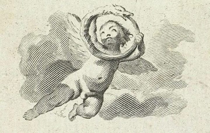 Line drawing of a cherub holding up an Ouroboros, a snake eating its own tail.