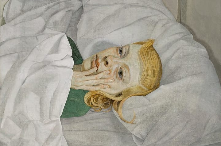 Painting of a blond woman laid in a white bed, her hand is touching her face. She is watched by a darkened man standing by a