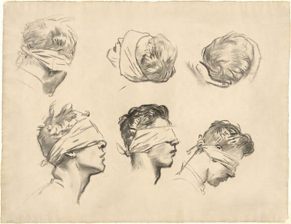 Six sketches of a blindfolded male head from different angles.