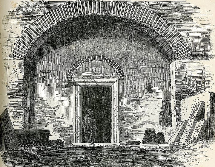 Black on white drawing of a man standing in the darkened doorway of a catacomb. There are stone slabs and broken sculptures a