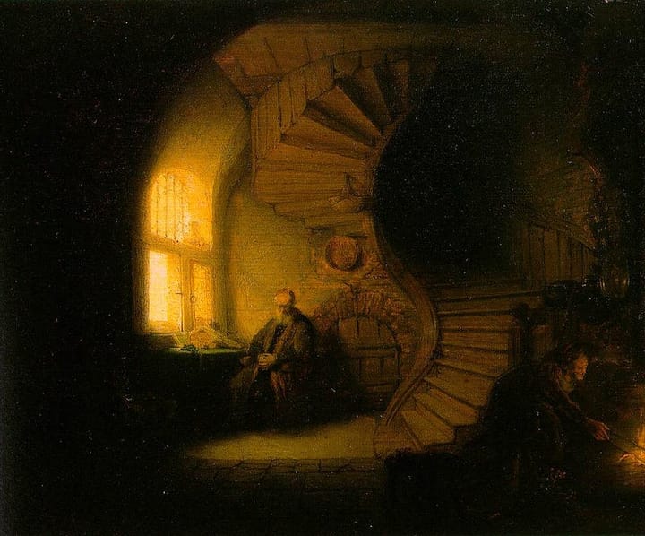 Painting of an elderly man sat under a spiral staircase.